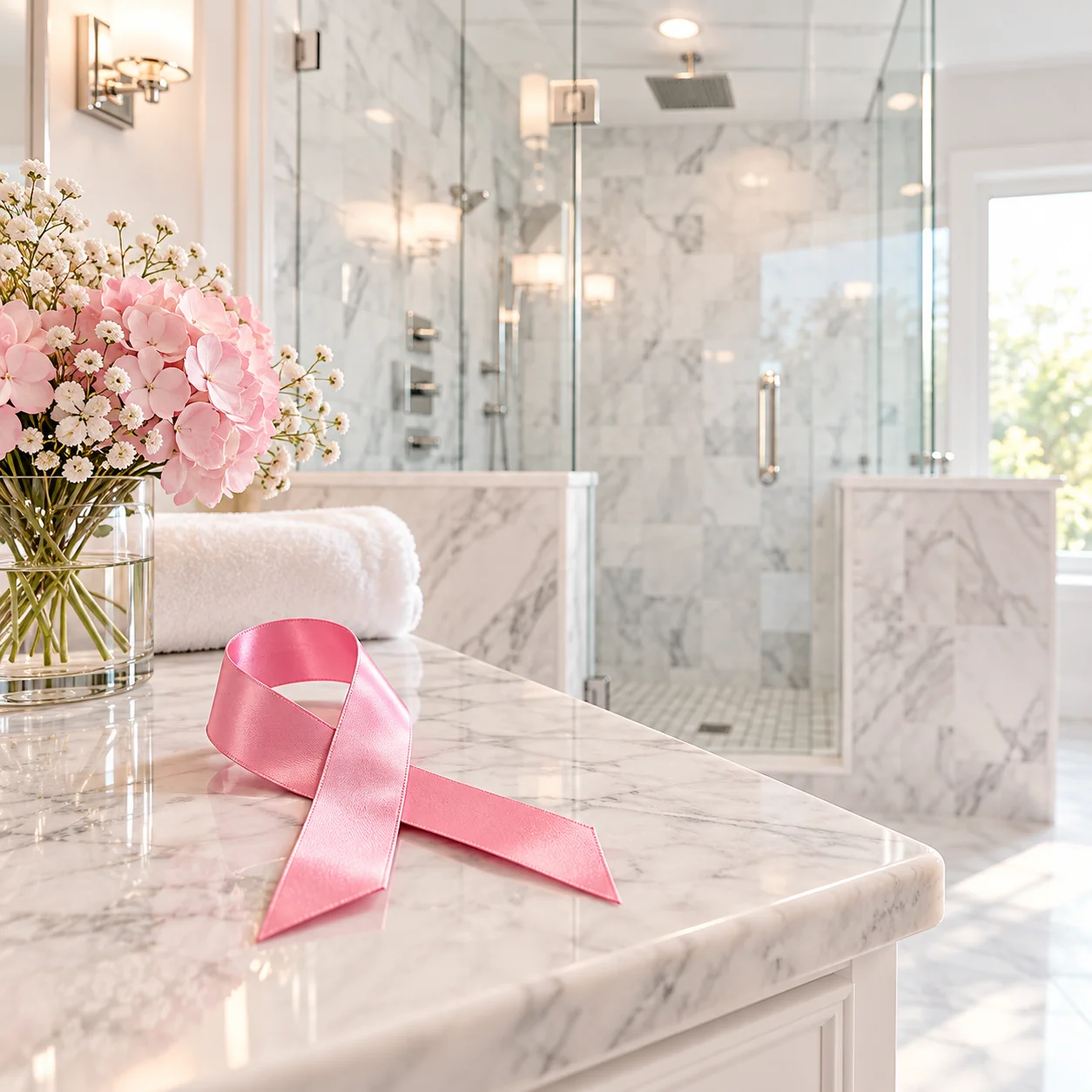 Pink breast cancer awareness ribbon on a marble bathroom vanity
