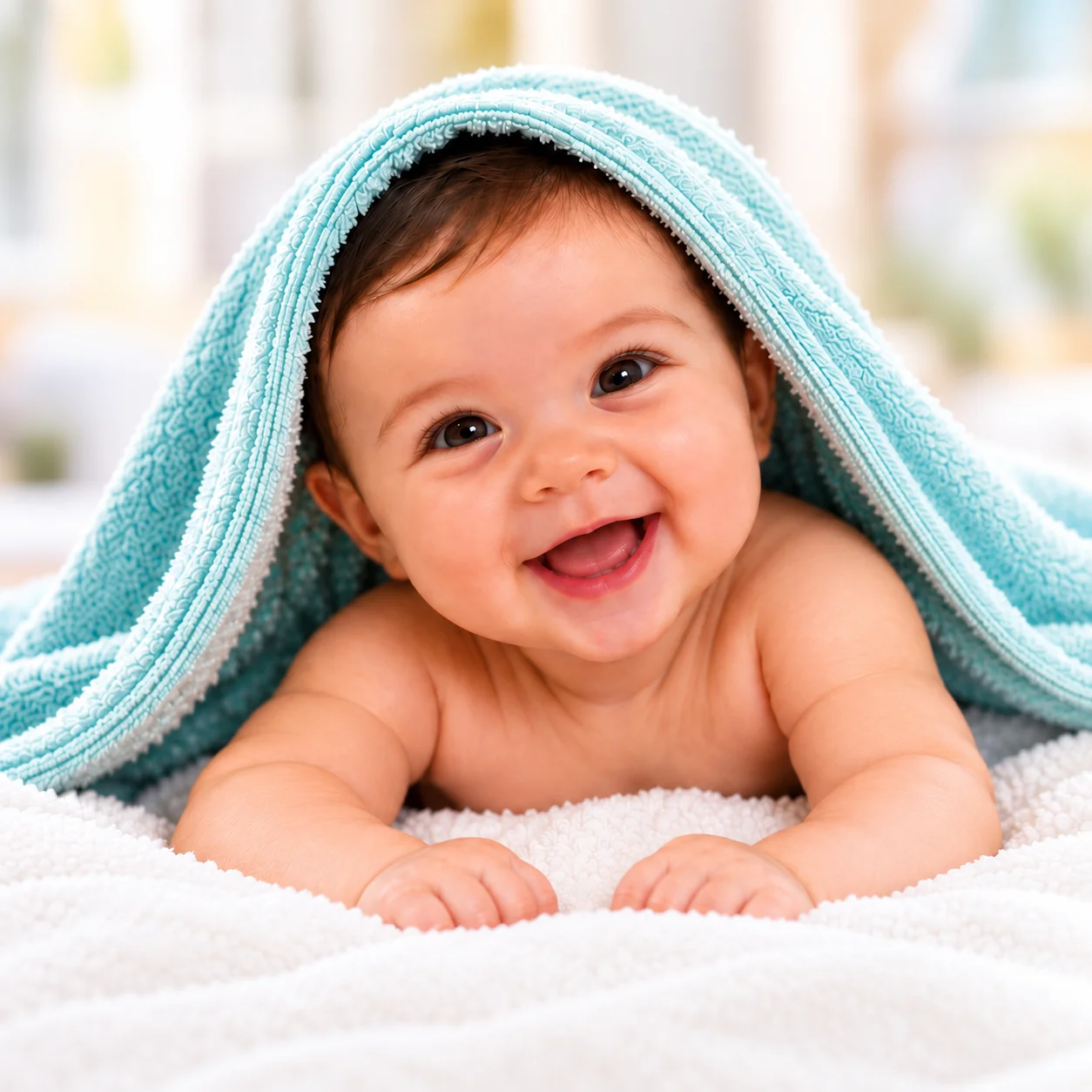 Smiling baby wrapped in a soft teal towel